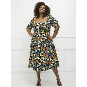 Eloquii Elements Puff Sleeve A-Line Square Neck Midi Floral Dress - size 14